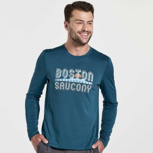 Férfi Saucony Stopwatch Graphic Long Sleeve Póló Kék | HUNGARY RXAEG