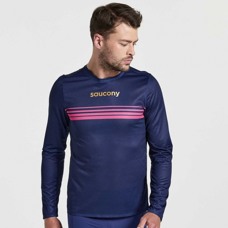 Férfi Saucony Elite Long Sleeve Póló Sötétkék | HUNGARY UEXNW